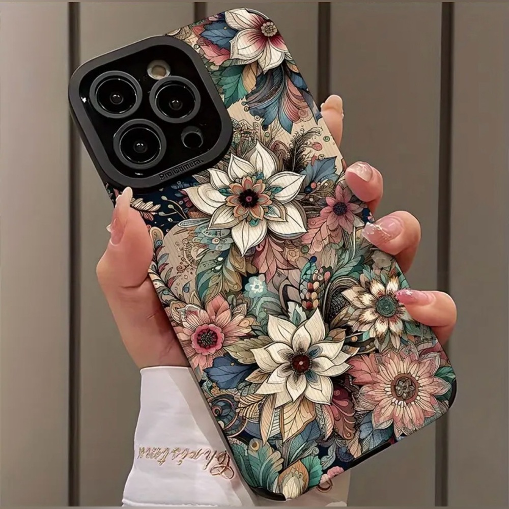 Apple iPhone 15 Pro Phone Case Vertical Stripes Floral Pattern Autumn